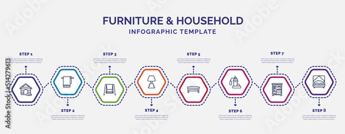 infographic template with icons and 8 options or steps. infographic for furniture & household concept. included pet house, porch swing, lamps, bench, sump pump, shelf, canopy bed icons.