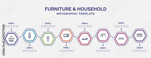 infographic template with icons and 8 options or steps. infographic for furniture & household concept. included chimney, bedroom lamp, microwave, lounger, coffee table, furniture, gateleg table