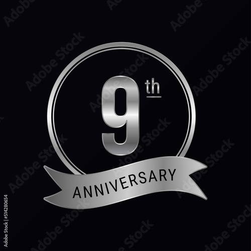 9th anniversary logo silver color for celebration event, wedding, greeting card, invitation, round
