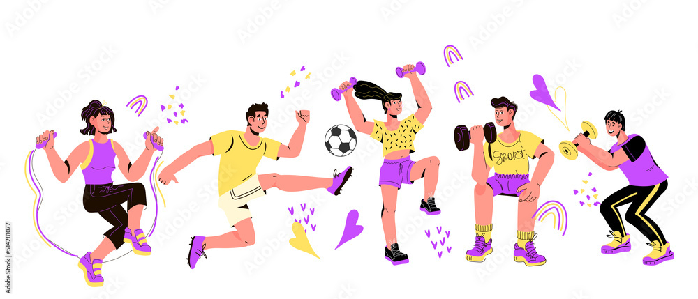 Athletic people performing sports activity. Training and exercising, sport workout and healthy lifestyle, flat vector illustration on isolated on white background.