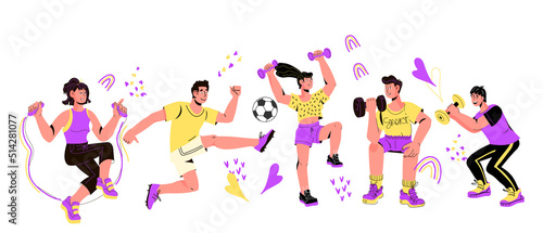 Athletic people performing sports activity. Training and exercising  sport workout and healthy lifestyle  flat vector illustration on isolated on white background.