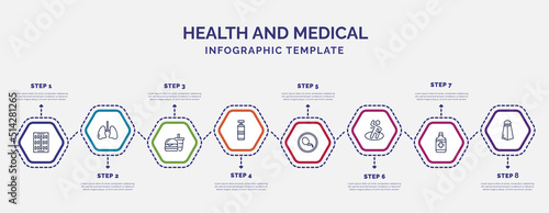 infographic template with icons and 8 options or steps. infographic for health and medical concept. included contraceptive pills, fast food, punching bag, spermatozoon, exercise, syrup, salt icons.