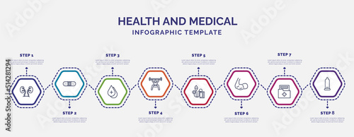 infographic template with icons and 8 options or steps. infographic for health and medical concept. included urology, blood drop, weightlifting, sphygmomanometer, biceps, medical result, condom