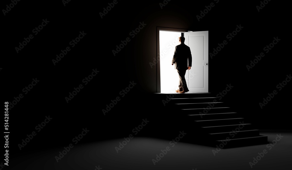 Silhouette of a man standing in front of an open door. 3d render