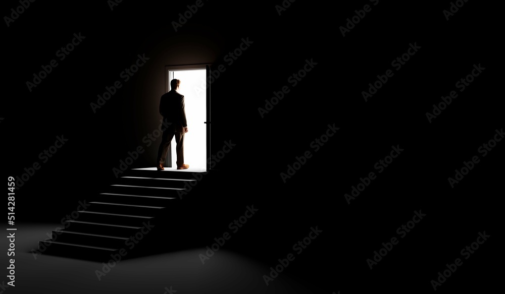 Silhouette of a man standing in front of an open door. 3d render Silhouette of a man standing in front of an open door. 3d render