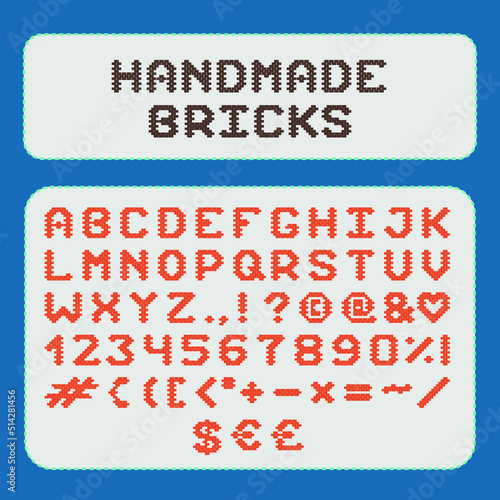 Handmade pixel bricks font glyphs letters alphabet