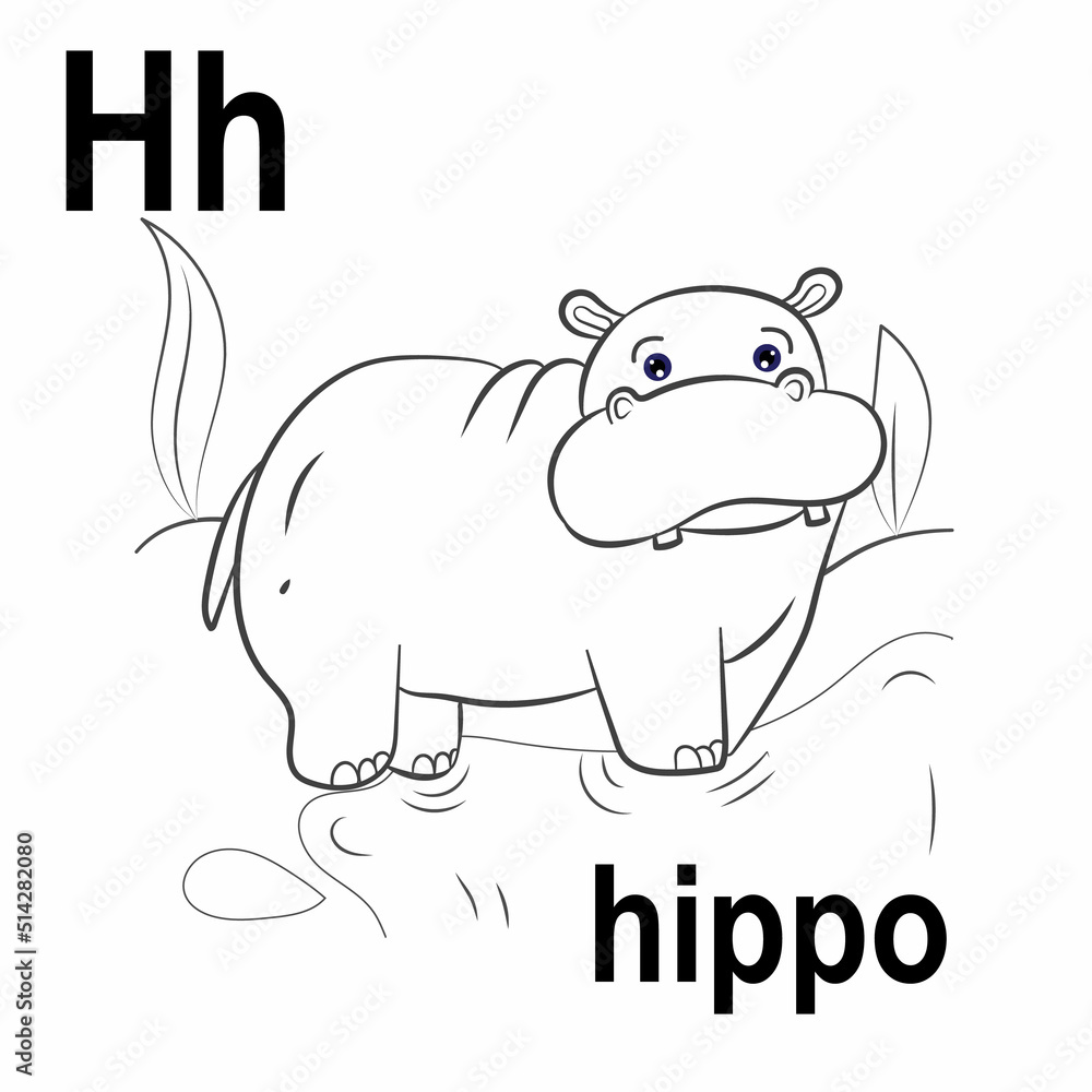 Obraz premium Cute clumsy giant hippo, jungle and savannah, ABC children's banner. Postcards, a poster with the alphabet. Game room design. Vector