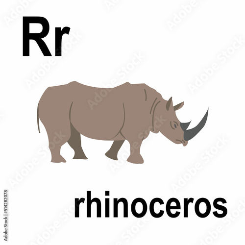 A clumsy huge rhinoceros, a gray skin and a terrible horn, jungle and savannah, ABC children's banner. Postcards, a poster with the alphabet.  Game room design. Vector