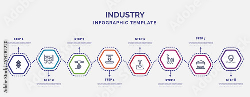 infographic template with icons and 8 options or steps. infographic for industry concept. included power tower, uncoiler, hinery, crusher, geothermal, coal wagon, sewage icons.