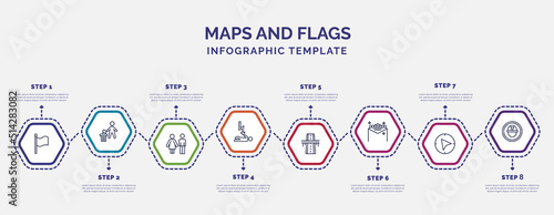infographic template with icons and 8 options or steps. infographic for maps and flags concept. included plain flag, toilets, electrocution risk, flyover bridge, las vegas, navigate, mine site