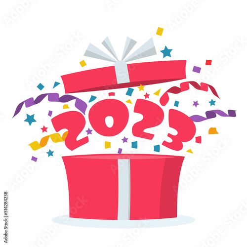 2023. Numbers red. Vector illustration flat design. Isolated on white background. Gift from Santa Claus. Santa Claus holding red gift box in hand, shows open gift. Merry Christmas.