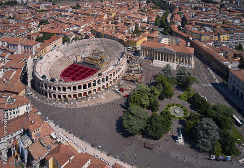 Top view of the central historical part of the city of Verona, Italy. Aerial view of the Arena di Verona in Italy. photo