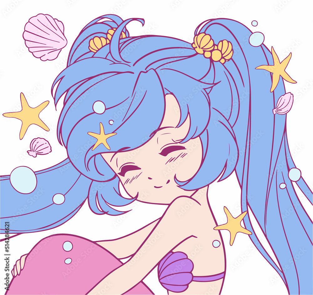 Cute little cartoon mermaid with long hair and fishtail. Cute little cartoon mermaid with long hair and fishtail.