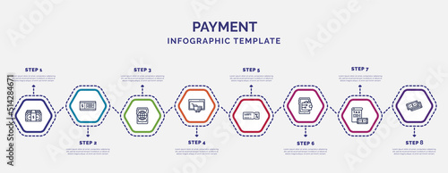 infographic template with icons and 8 options or steps. infographic for payment concept. included cash money, mobile web, online shopping, discount voucher, online wallet, taxes, dollar icons.