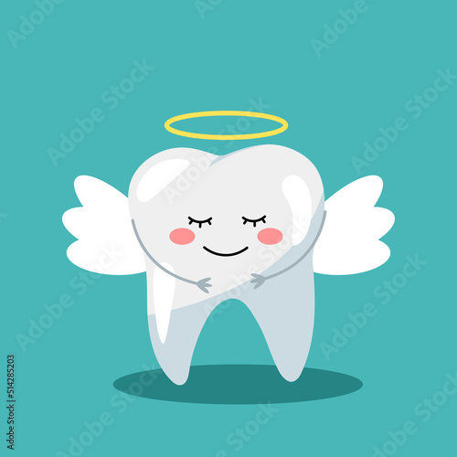 Loss of milk teeth. Cute tooth emoji angel isolated on blue background..