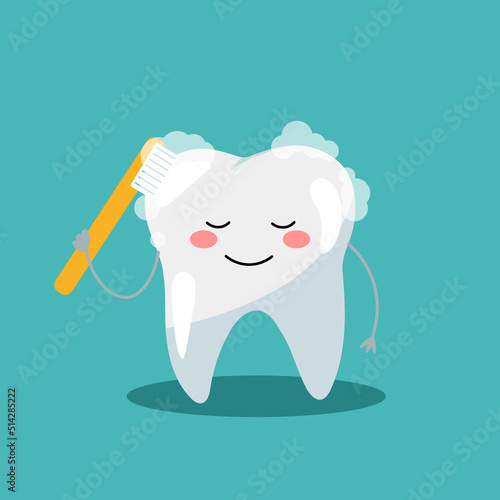 Poster with cute smiling cartoon tooth with soft foam bubbles. Dental kids care banner.
