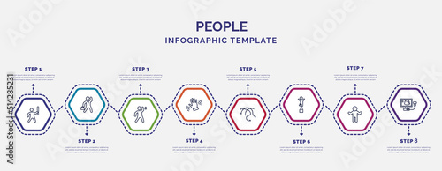 infographic template with icons and 8 options or steps. infographic for people concept. included man attacking, man hearing, slap, complex, man jumping, crucified pose, ultrasonography icons.