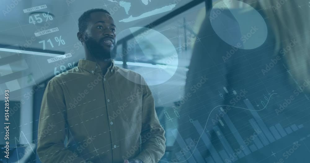 Animation of data processing over diverse business people talking in office Animation of data processing over diverse business people talking in office