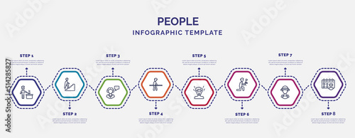 infographic template with icons and 8 options or steps. infographic for people concept. included chef cooking, monologue, rehabilitation, surprised man, give flower, farmers, meeting date icons.