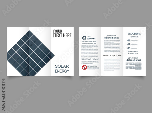 Solar energy flyer. Tri fold brochure. Solar panel company flyer. Vector graphics.