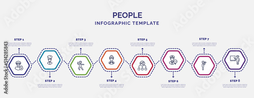 infographic template with icons and 8 options or steps. infographic for people concept. included steal, dancers, constructor, user sharing files, traffic police, monocular, school teacher icons.