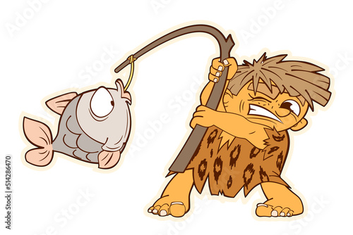 Primitive man fishing with a rod.Vector coloring book in cartoon black and white style, isolated