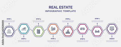infographic template with icons and 8 options or steps. infographic for real estate concept. included map location, skyscraper, neighborhood, industrial park, bedroom, bridges, juridical icons.