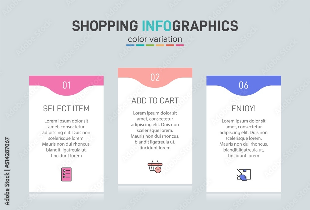 Concept of shopping process with 3 successive steps. Three colorful graphic elements. Timeline design for brochure, presentation, web site. Infographic design layout. Concept of shopping process with 3 successive steps. Three colorful graphic elements. Timeline design for brochure, presentation, web site. Infographic design layout.
