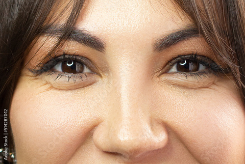 Beautiful macro shot of female eye with classic eyeliner makeup. Perfect shape of eyebrows, brown eyeshadows and long eyelashes. Cosmetics and make-up. Closeup macro shot of fashion liner eyes visage