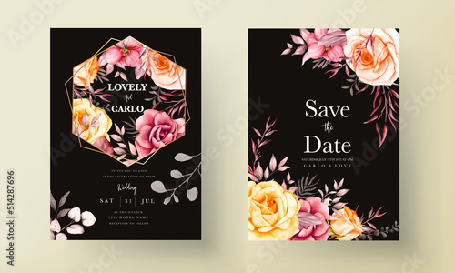 Frames of watercolor red flowers and leaves on wedding invitation