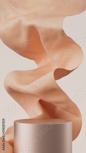 Luxury 3d podium with flying cloth. illustration in trendy peach colors. Vertical background for product and cosmetics presentation. ..