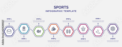 infographic template with icons and 8 options or steps. infographic for sports concept. included hockey puck, dartboard with dart, ice skates, shin guards, yoga posture, ankle, football ball