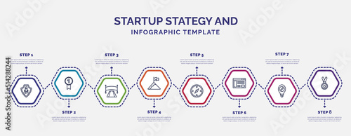 infographic template with icons and 8 options or steps. infographic for startup stategy and concept. included startup shield, finish line, overcome, exploration, web de, restrict, gold medal icons.
