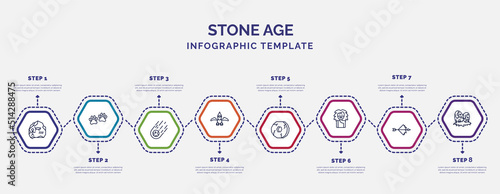infographic template with icons and 8 options or steps. infographic for stone age concept. included rock art, meteorite, pterodactyl, wheel, troglodyte, bow, diaur egg icons.