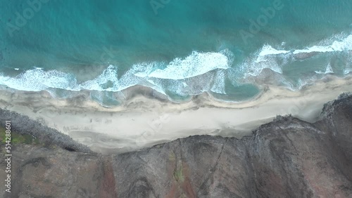 Overhead view of Na Pali Coast and Kalalau Beach and trail in Kauai, Hawaii