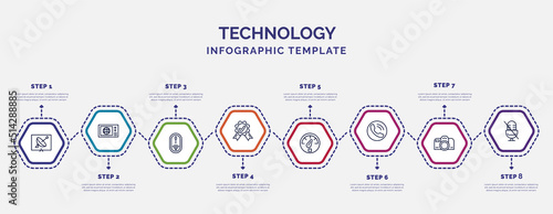 infographic template with icons and 8 options or steps. infographic for technology concept. included tv and satellite, wireless mouse, warranty certificate, vehicle speedometer, reciever, reflex