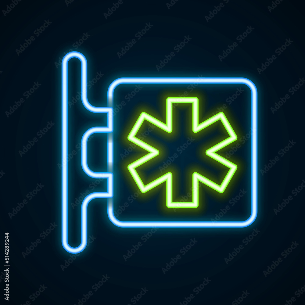 Obraz premium Glowing neon line Medical symbol of the Emergency - Star of Life icon isolated on black background. Colorful outline concept. Vector