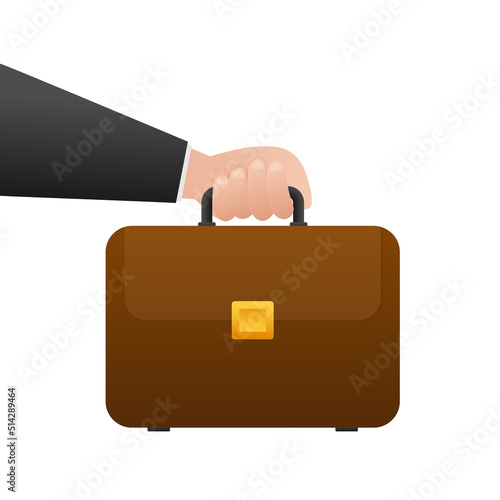 Human hand holding briefcase. Concept or business. Vector stock illustration.
