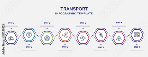 infographic template with icons and 8 options or steps. infographic for transport concept. included boating, alloy wheel, flying airplane, airplane flying, seatbelt, airplane pointing up, petrol