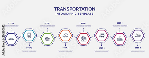 infographic template with icons and 8 options or steps. infographic for transportation concept. included cabriolet, yawl, litter car, off road, oxcart, light rail, modern bus icons.