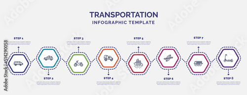 infographic template with icons and 8 options or steps. infographic for transportation concept. included van, motorbike, cement truck, yacht, kayak, cargo ship, scooter icons.