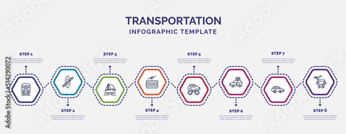 infographic template with icons and 8 options or steps. infographic for transportation concept. included , catamaran, funicular railway, monster truck, police car, compact car, airport shuttle