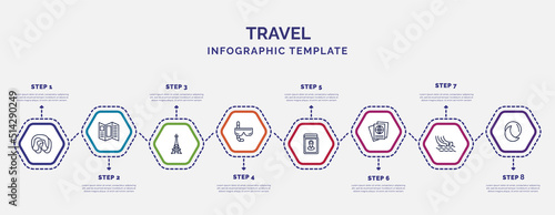 infographic template with icons and 8 options or steps. infographic for travel concept. included sleeping, paris, diving goggles, map book, passport, water slide, basic moon icons.
