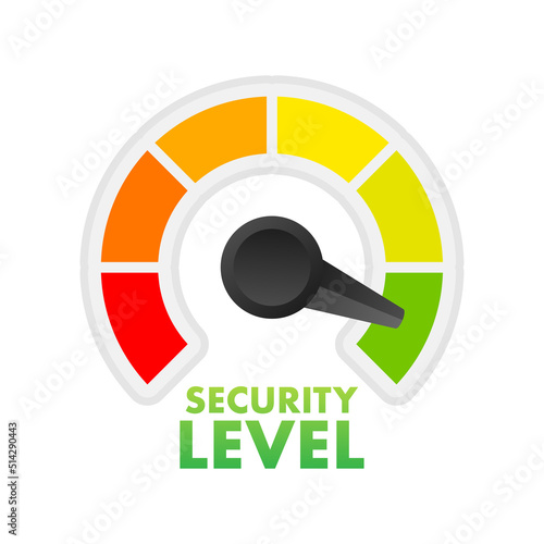 PrintSecurity level speedometer. Cyber safety concept. Internet network security. Vector stock illustration