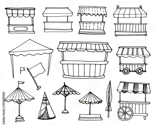 A set of awnings, outdoor umbrellas and small outdoor mobile kiosks, a wooden counter, hand-drawn in sketch style, isolated black outline on white for a design template