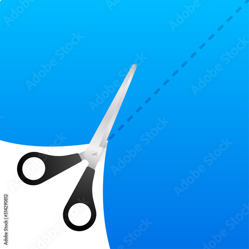 Paper cut cutting. Scissors with cut lines. Vector stock illustration