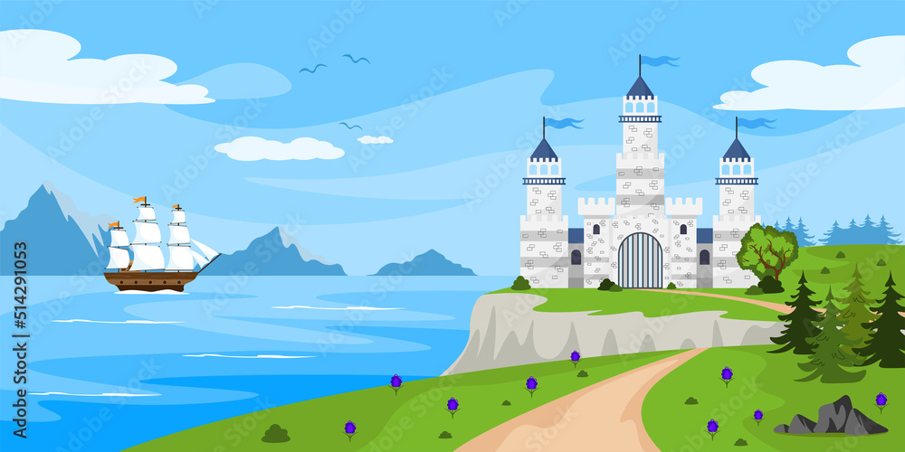 Naklejka premium Vector illustration of a beautiful castle. Cartoon landscape by the sea with white castle, ship, mountains in the background. The princess lives in the castle.