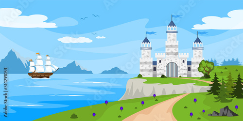 Vector illustration of a beautiful castle. Cartoon landscape by the sea with white castle, ship, mountains in the background. The princess lives in the castle.