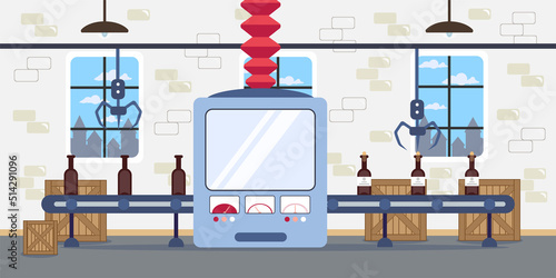 Vector illustration of a beautiful interior wine factory. Cartoon interior with a conveyor, a machine that pours wine and sticks labels, boxes, claws for serving bottles.