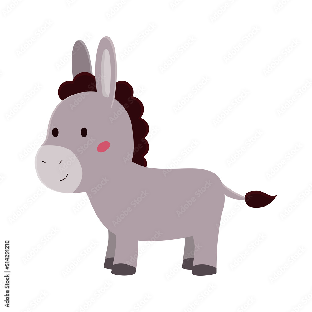 Naklejka premium Cartoon donkey on white background. Kawaii farm animal. Flat style vector illustration.